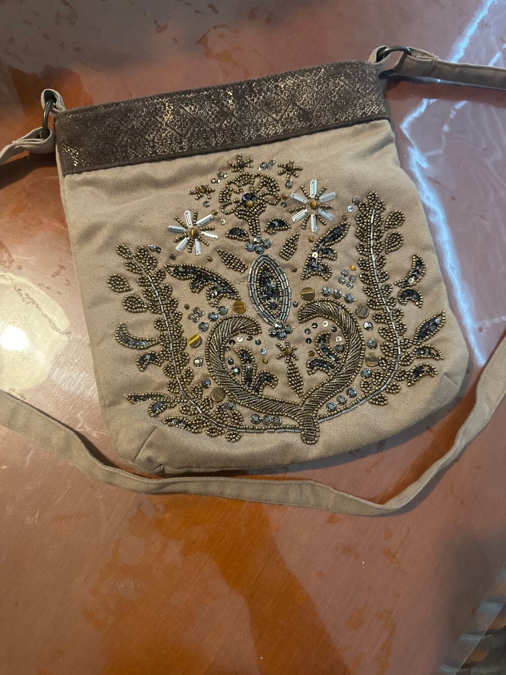 Chico's Beaded Crossbody Bag Taupe Suede Look Embroidered Sequin Boho